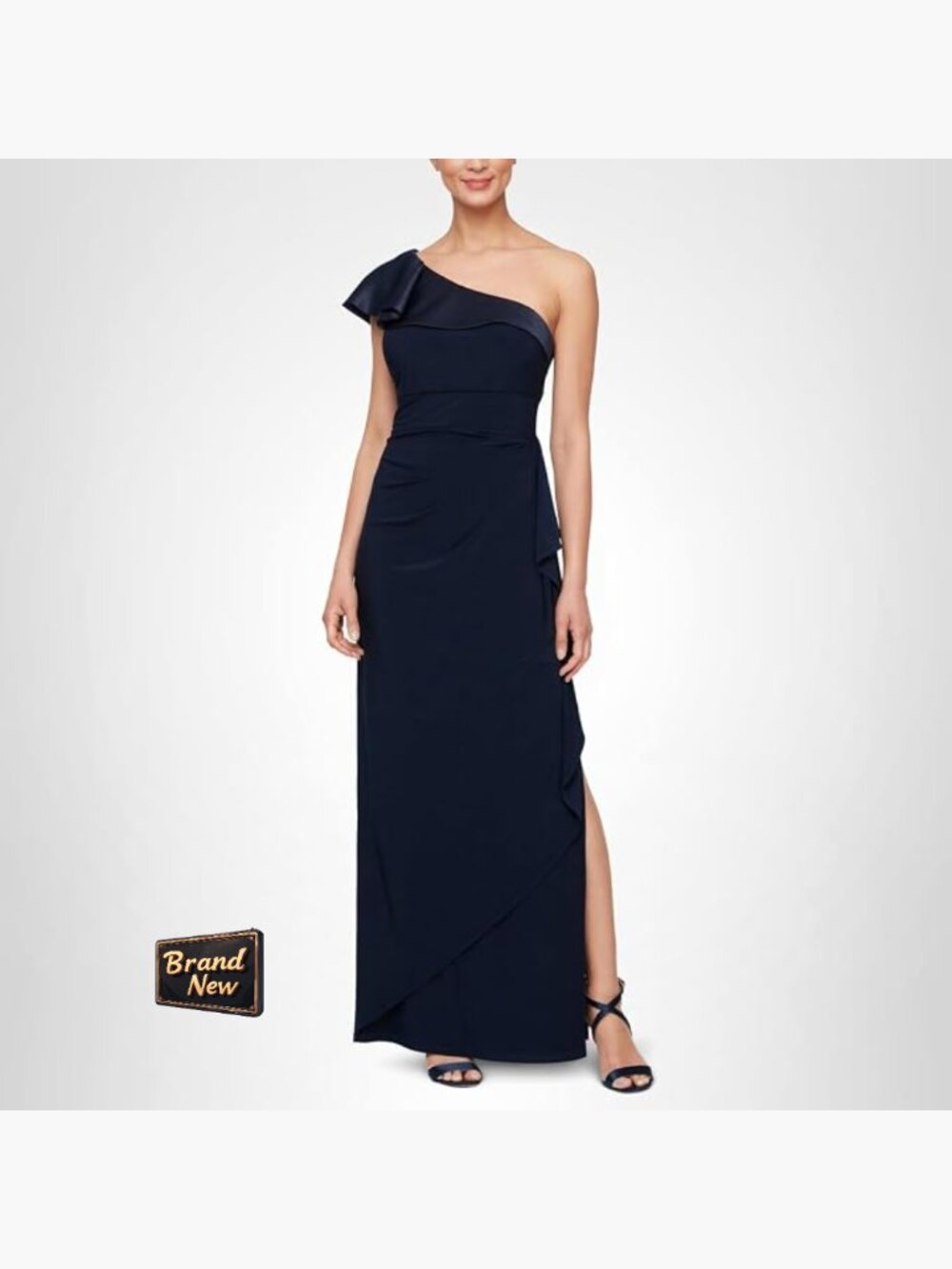 One Shoulder Floor-Length Formal Dress with Slit, Ruffled, Stretch Crepe,